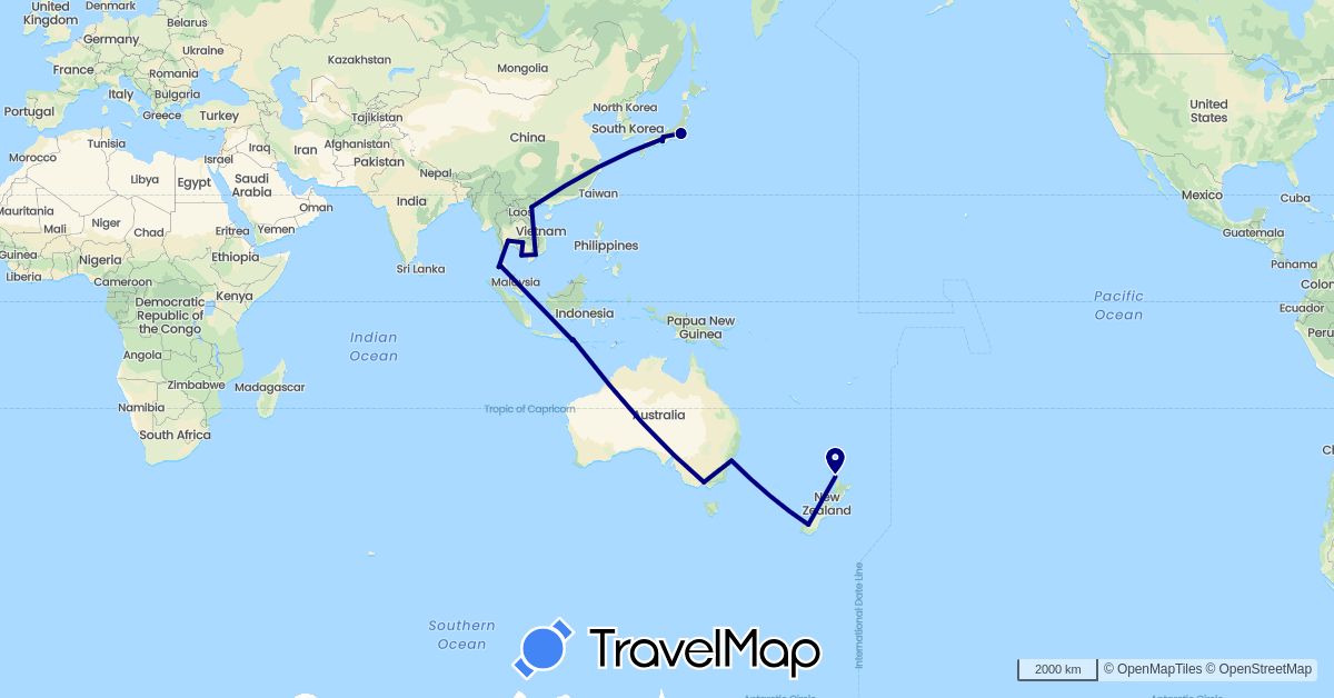 TravelMap itinerary: driving in Australia, Indonesia, Japan, Cambodia, New Zealand, Thailand, Vietnam (Asia, Oceania)